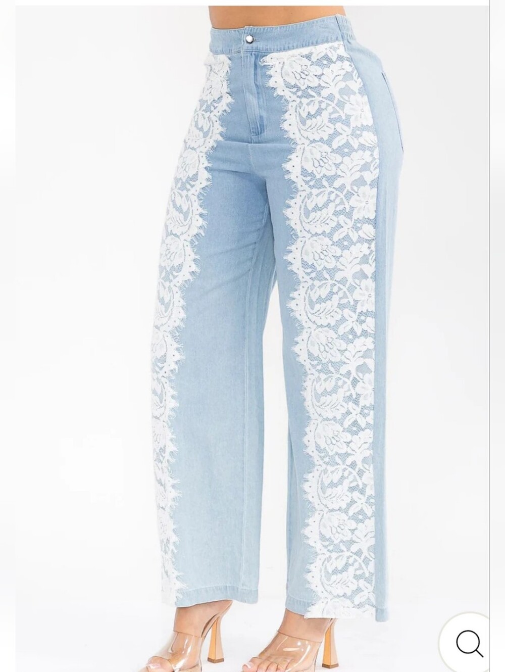 Galita Fashion Light Wash Denim Wide Leg Pants with White Lace Inset
